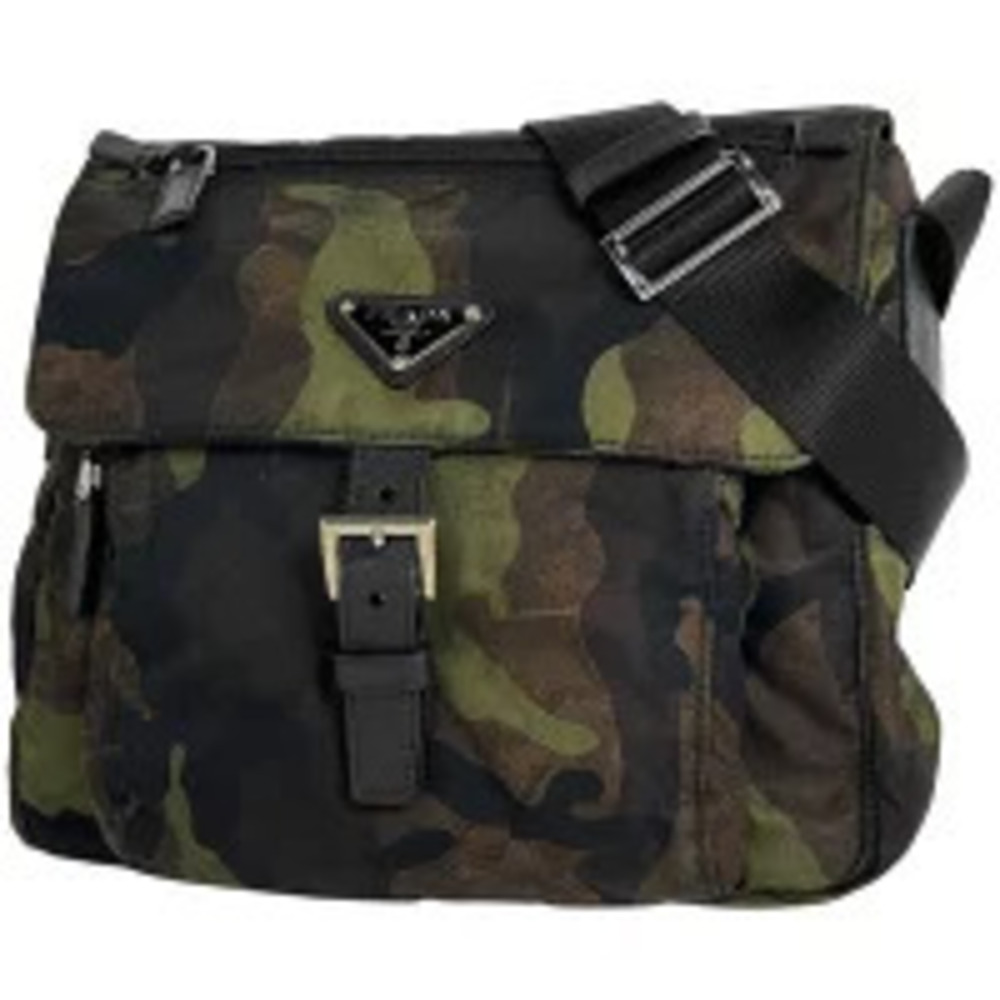 Prada Plate Shoulder Bag Camouflage Crossbody Tessuto Khaki Brown Green Nero